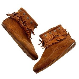 Minnetonka Double Fringe Suede Moccasin Booties Leather Brown Women’s 9 Zip Up